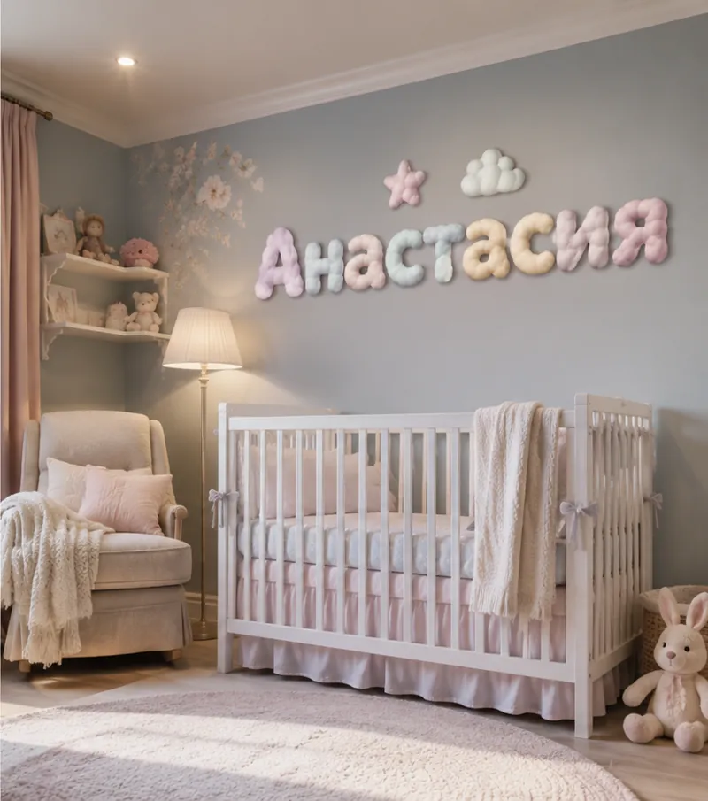 Объёмные облачные буквы «Анастасия» на стене детской комнаты