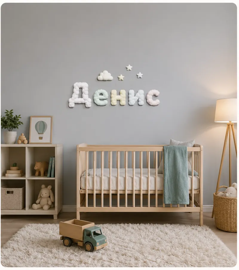 Объёмные облачные буквы «Денис» на стене детской комнаты