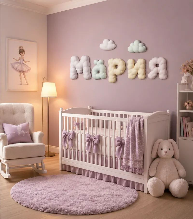 Объёмные облачные буквы «Мария» на стене детской комнаты