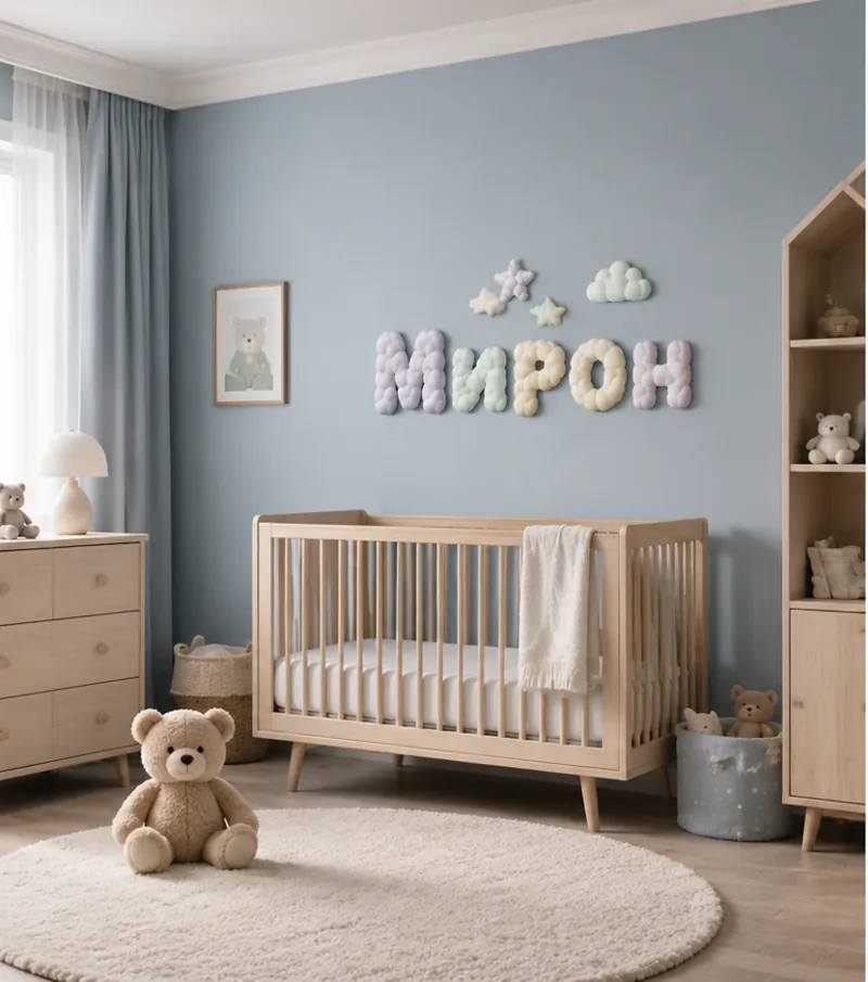 Объёмные облачные буквы «Мирон» на стене детской комнаты