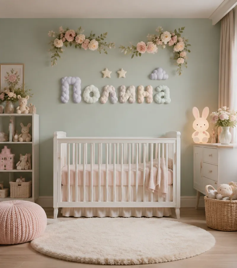 Объёмные облачные буквы «Полина» на стене детской комнаты